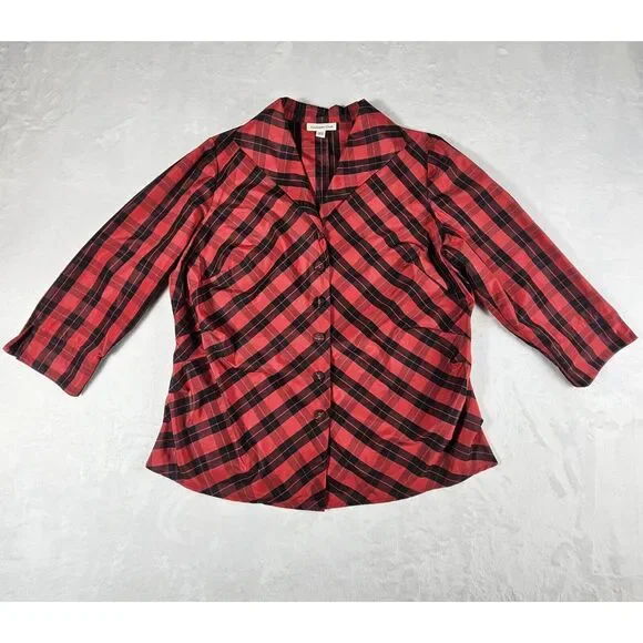 Coldwater Creek Womens Red Buffalo Plaid 3/4 Sleeve Blouse 18W Holiday Office - Picture 1 of 9